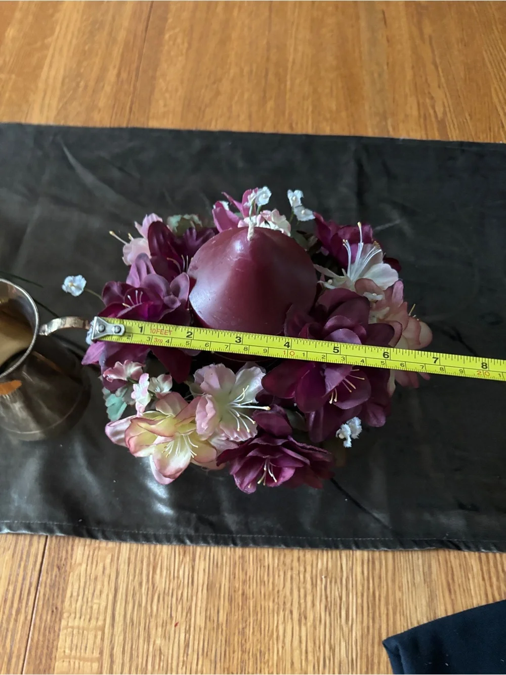 Brass Candle Holder with Floral Arrangement with Burgundy Candle - Brass Pithcer